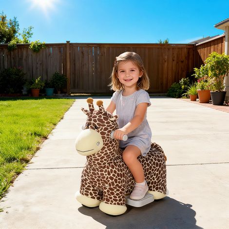 Girafe à enfourcher, fonctionne à piles, housse lavable, pédales, roues silencieuses, musique, 1,5 à 5 ans, marron