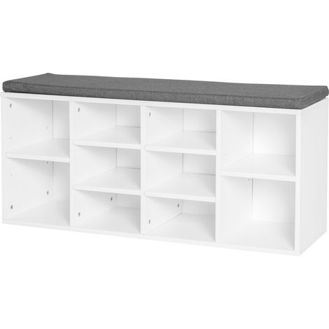 Banc à chaussures réglable 8-10 paires, bois blanc, 104x30x48 cm, étagères modulables