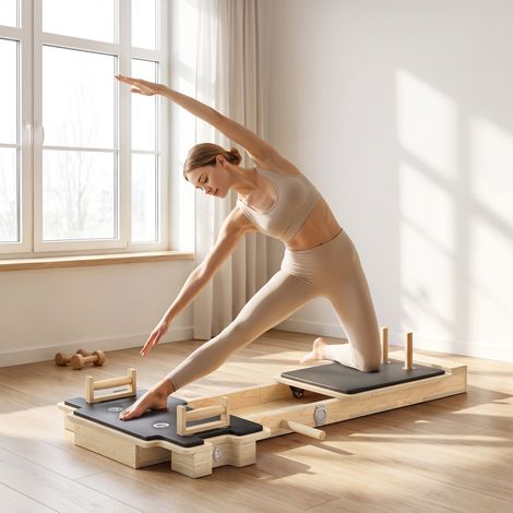 Appareil de Pilates Reformer multifonctionnel avec bandes de résistance et poignées pour une utilisation à domicile ou en extérieur.