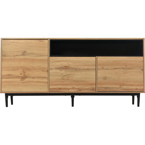 Aparador de MDF con 3 puertas y baldas regulables, 160 x 35 x 76 cm, acabado en madera clara y negro, ideal para salón o comedor, fácil montaje CHICFURN (1/5)