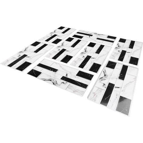 Ensemble de 27 carreaux de papier peint pour cuisine, auto-adhésifs, en PVC, résistants à l'usure, blanc/noir, motif brique, pour la maison/salle de bain (1/5)