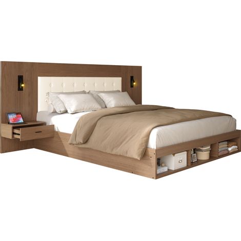Lit mezzanine enfant 90x200 cm avec garde-corps, lit cabane avec échelle 3 marches, fenêtres cintrées, naturel (1/5)