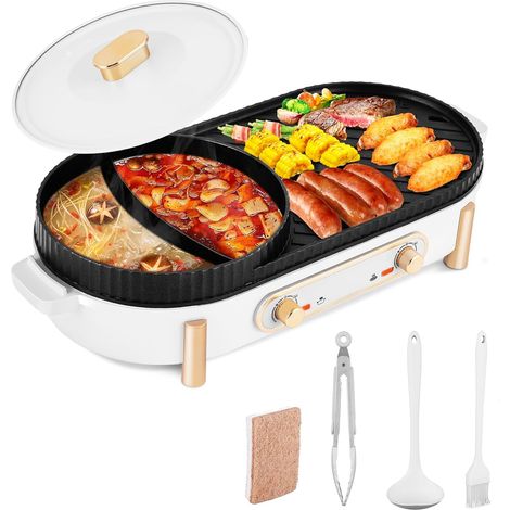 Hot Pot Electric 2200W Electric Grill Hot Pot Grill 2 in 1 Hot Pot and Grill Plate with 2 Independent Temperature Settings for 3-12 People (1/5)