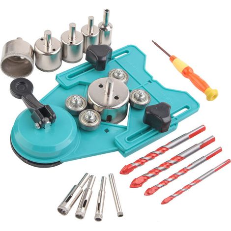 Diamond Drill Bit Set, Hole Saw and Core Bit with 10pcs 6-50mm Hole Saw, Drill Hole Locator, 4pcs Glass Drill Bit for Ceramic, Glass, Tile, Porcelain-Blue-set (1/4)