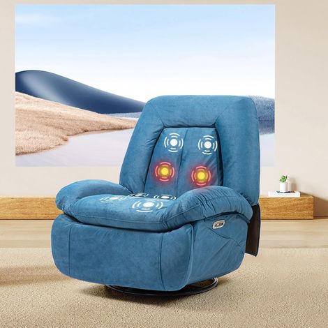Entspannender elektrischer Massagesessel mit Vibrationsheizung, Drehfunktion, Typ-C- und USB-Anschlüssen, 1 Seitentasche, Liegefunktion für Fernseher, Wohnzimmer (blau)