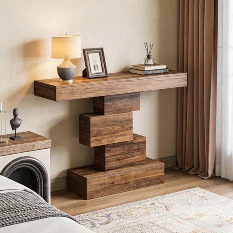Tavolo consolle in legno marrone scuro 108 cm, design geometrico a gradini (1/5)