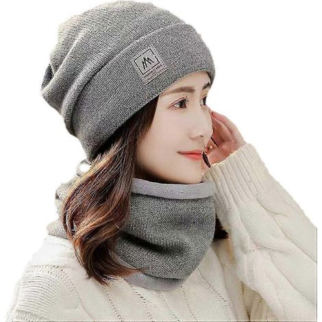 2-teiliges Set Damen-Wintermütze, Schal, Strickmütze, elastischer Ohrenschutz, randlose, winddichte Mütze, Halsschutz-Light Grey
