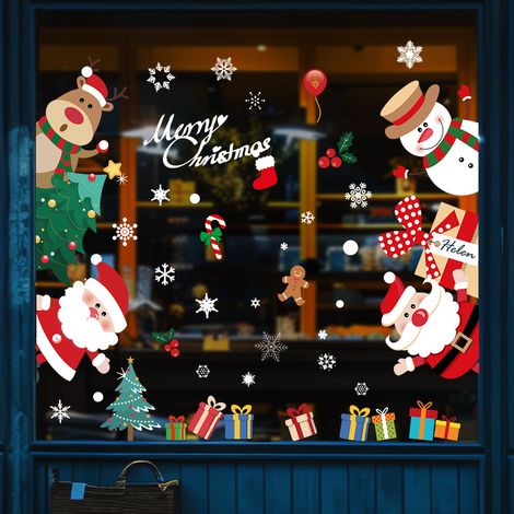 Autocollants pour fenêtres - Grands autocollants de Noël pour fenêtres - Décoration de Noël en 3D - Réutilisables et amovibles - Père Noël et bonhomme de neige (1/4)