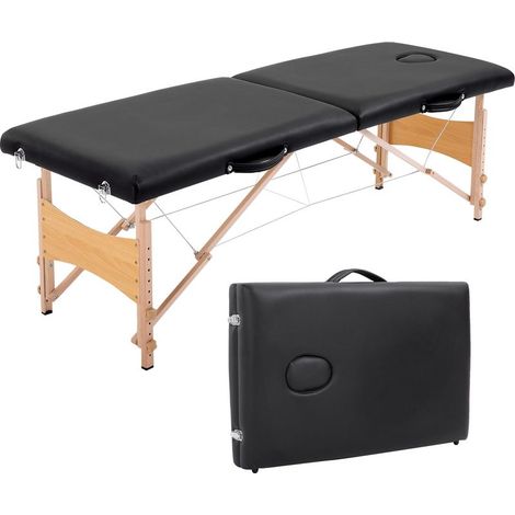 Folding massage table, 2-section portable massage bed 186 x 60 cm, adjustable height, removable face pillow, beech wood tattoo and aesthetic table, carrying bag included, black (1/5)