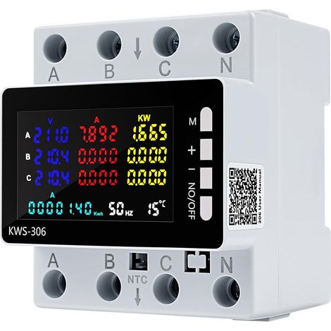 Compteur Electrique Triphasé 4 Fils 80A 220V CA, 9 en 1 Compteur d'énergie Numérique Wattmètre montage sur rail DIN, Protection contre les Surtensions/sous-tensions (SANS Wi-Fi) (1/5)