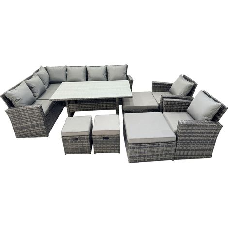 Fimous 12 Seat Rattan High Back Corner Sofa Set Patio Dining Table Set with 4 Stools 2 Chair Dark Grey Mixed (1/5)