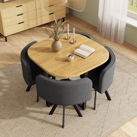 Ensemble table et chaises 4 pièces, 4 Chaises en Lin Gain de Place -  pour Cuisine Salle à Manger Style Scandinave Gris - 85x85cm