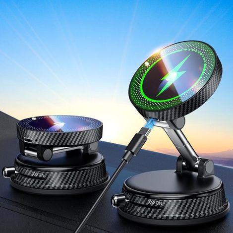Soporte para teléfono de coche de 15 W con MagSafe，Ventosa elástica mejorada，Soporte giratorio de 360°，Cargador inalámbrico para coche (1/4)