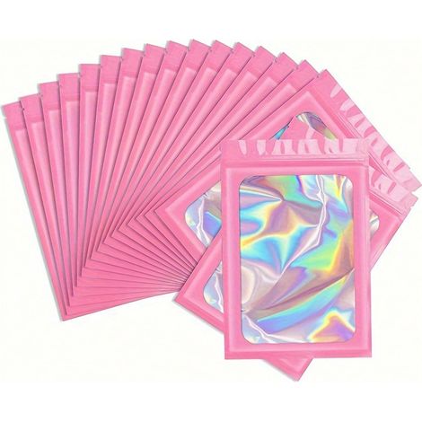 100 pièces - Sacs de rangement pour bijoux avec fenêtre en PVC, sachets transparents à fermeture éclair anti-oxydation, étanches, pour boucles d'oreilles, colliers et bracelets, rose, taille L (1/5)
