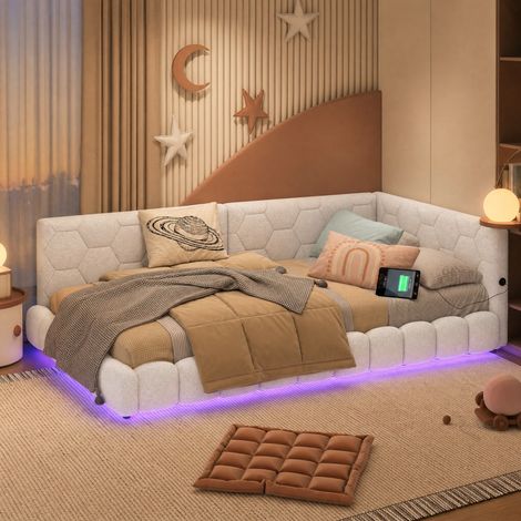 Divano Letto con rete a 13 doghe, luci LED a 16 colori, prese USB e USB-C, 214x101x64 cm, rivestimento in tessuto bianco (1/5)