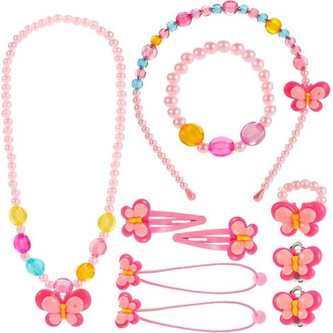 Ensemble de bijoux pour enfants, comprenant un collier, un bracelet, une bague, des boucles d'oreilles, des pinces à cheveux et des accessoires de fête (papillon). (1/3)