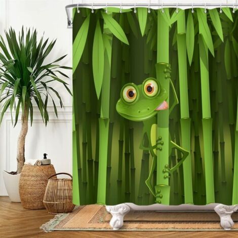 Rideau de douche grenouille mignon 120x180cm, grenouille amusante, bambou, animal abstrait de dessin animé, rideau de baignoire vert feuille, convient aux salles de bain d'enfants, en polyester, avec