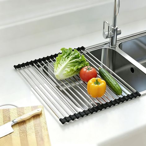 Egouttoir Vaisselle sur Evier Extensible, Pliable, Enroulable Egoutoire Vaisselle Cuisine INOX Au-Dessus de L’évier pour Vaisselle Porte-torchons, Fruits, Légumes(54x33cm, 18 Tubes, Noir) (1/5)