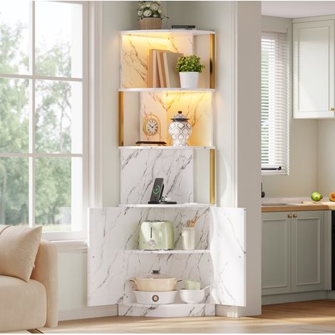 Mueble esquinero de almacenamiento con LED y enchufes, 2 puertas, 38 x 38 x 180 cm, MDF blanco (1/5)