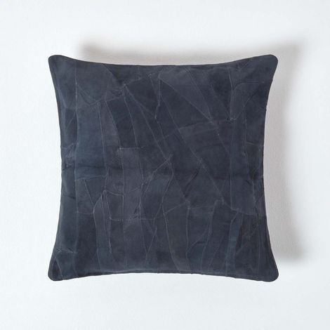HOMESCAPES Navy Real Leather Suede Cushion with Feather Filling (1/5)