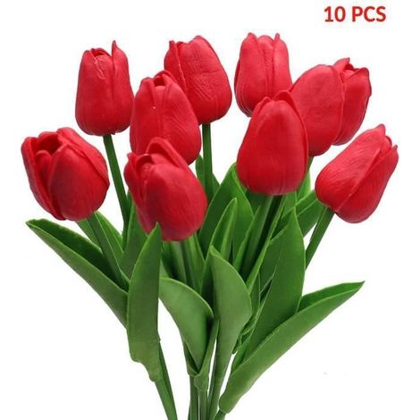 10 pcs Rouge Fleur Artificielle Tulipe, Artificielle Tulipes Fleurs Faux Tulipes pour Maison Jardin Décoration, Noël, Mariage (1/4)
