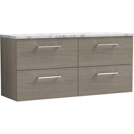 Nuie Arno Wall Hung 4-Drawer Vanity Unit with Carrera Marble Worktop 1200mm Wide - Solace Oak (1/4)