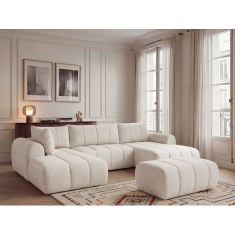 BOBOCHIC - Canapé panoramique fixe NESTY tissu chiné avec pouf Angle droit  Beige