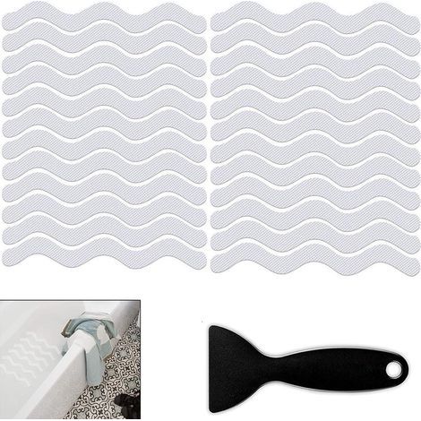 24 Pièces Autocollants Antidérapants, Bandes Adhésives Antidérapantes pour Baignoire avec Grattoir, Autocollants de Douche Antidérapants pour Baignoire, Douches, Escaliers, Imperméable (Transparent) (1/4)