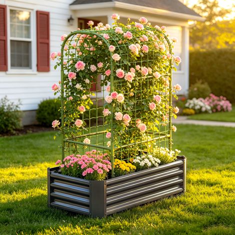 Huerto elevado con enrejado, ideal para cultivar flores, verduras y hierbas en la terraza o balcón. Medidas: 120 x 60 x 150 cm. (1/5)