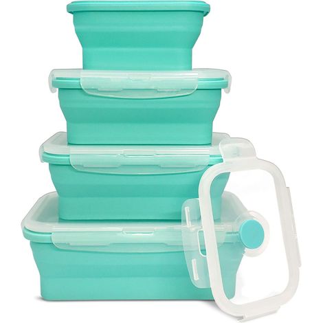 Faltbare Silikon-Aufbewahrungsbehälter – Vorbereitungs-/Aufbewahrungsschüsseln mit Deckel – 3er-Set quadratische Silikon-Lunchboxen – Mikrowellen-, spülmaschinen- und gefriergeeignet (mintgrün) (1/5)