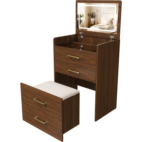 Coiffeuse 3-en-1 compacte avec miroir rabattable, plateau en verre transparent, 3 tiroirs et tabouret intégré (1/5)