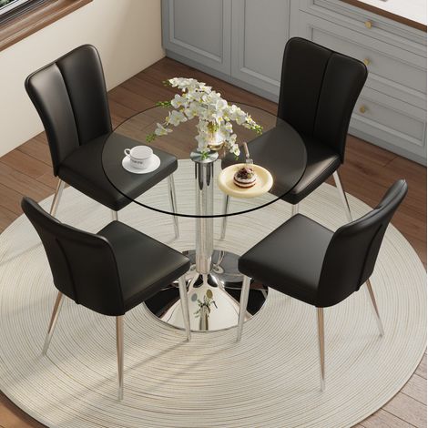 Esstisch-Set aus Glas, transparenter Rundtisch, stabile Metallbasis, schwarze PU-Stühle, Schwarz Silber (1/5)