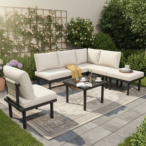 Salon de jardin 6 pièces en corde tissée beige, cadre fer galvanisé, pieds réglables, table en verre, coussins complets, beige
