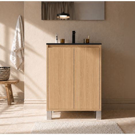 Set Mobile Bagno 50cm Rovere Chiaro 2 Ante con Lavabo in Ceramica Nera - XENOS