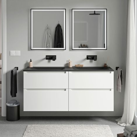 Unterschrank Bernstein VIREO 120 cm mit Mineralguss Waschbecken CREAM - Korpus Weiß matt, Waschbecken Schwarz matt ohne Hahnloch