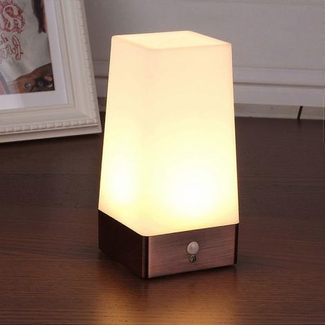 Lampe de table, veilleuse LED rétro, lampe de chevet sans fil avec détecteur de mouvement PIR, 3 piles AAA 1,5 V, plastique, lumière blanche, forme carrée (1/5)
