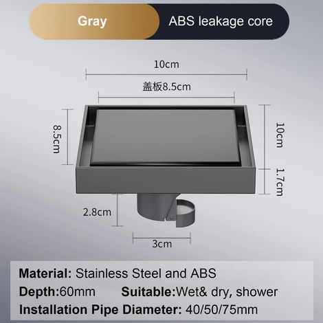 (Grey-ABS-China Mainland)Foot Floor Drain 1010cm Anti-odor Bath Drains Deodorization Square DIY Black Shower Filter Plug Cover Pipe 304 Stainless Steel (1/4)