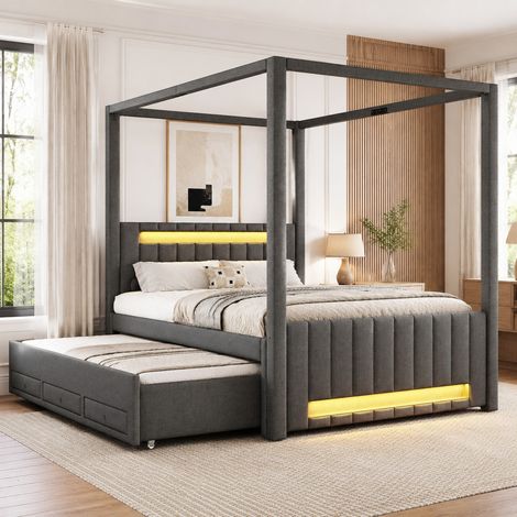 Cama con dosel 140x200 cm de MDF y lino gris, LED, cajones y almacenaje, sin colchón – MEUBLIV (1/5)