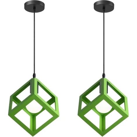 U-Do 2Pcs Lustre Suspension Carré en Fer Vert E27 Ajustable Lustre Plafonnier Exquise Lampe Intérieur design Vintage pour Cuisine (1/4)