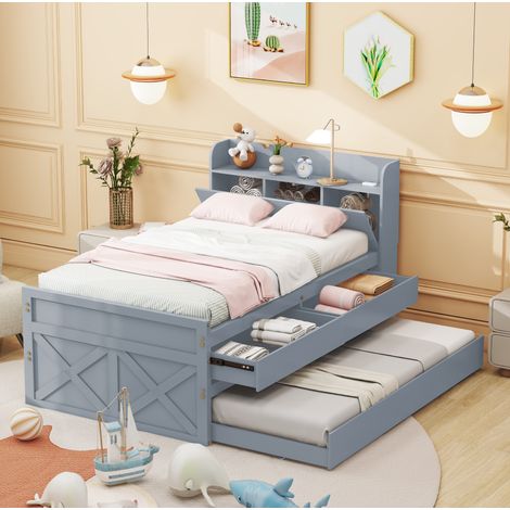 Lit avec tiroirs 90x190 et lit gigogne bois massif gris HAVRYA (1/5)