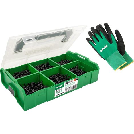 SPAX Coffret de montage L-BOXX Mini BLAX avec 800 vis universelles noires en 6 dimensions, avec 3 embouts T-STAR plus T20 et gants de travail – 8000000294631
