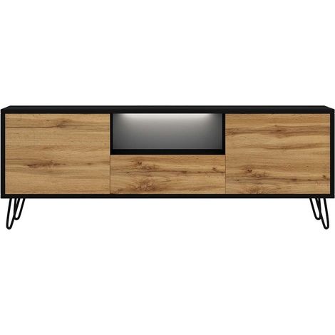 Selsey – Meuble TV moderne 137 cm en noir et chêne wotan – Éclairage LED – 3 compartiments fermés – Pieds en plastique pour stabilité (1/8)