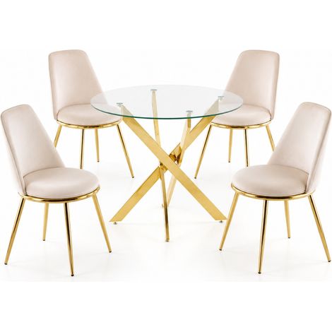 5-teiliges Esszimmer-Set, runder Glastisch 80 cm mit 4 Samtstühlen in Cremeweiß (1/5)