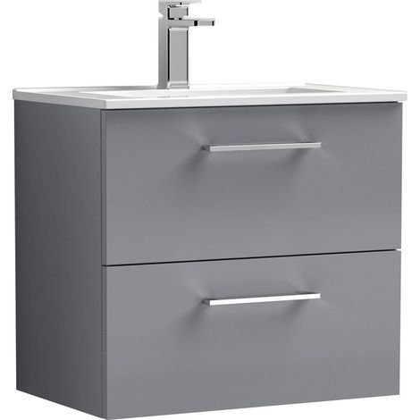 Balterley Bramshall Modern Bathroom 2 Soft Close Drawer & Minimalist Wall Hung Vanity Unit Basin, Satin Grey, 440mm