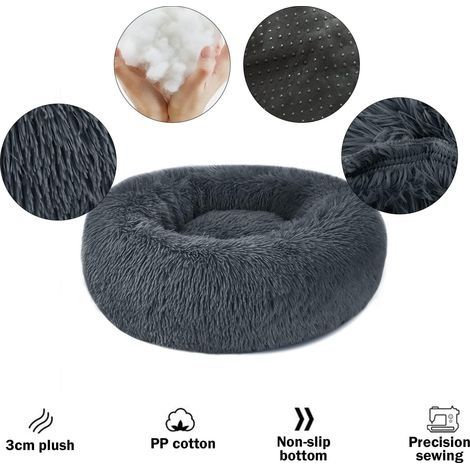 Runder, weicher Hunde- und Katzenkorb - Beruhigendes Anti-Stress-Plüschkissen für Katzen und Hunde, bequemes, waschbares Donut-Bett für kleine und mittelgroße Katzen und Hunde (Dunkelgrau, 60 cm) (1/4)