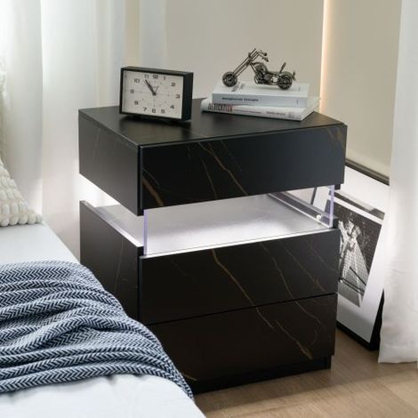 Mesitas de noche LED con 3 cajones y panel acrílico - negro y dorado (1/5)