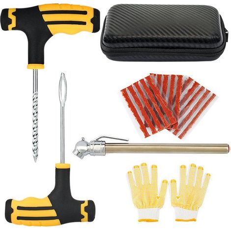 Este kit de reparación de neumáticos contiene 15 tiras de reparación, una broca roscada, motocicletas, vehículos todoterreno y tractores (1/5)