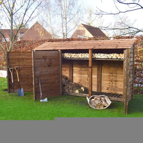 Empingham 6ft Log Store with Doors and Kindling Shelf - L80 x W340 x H181 cm - Rustic Brown