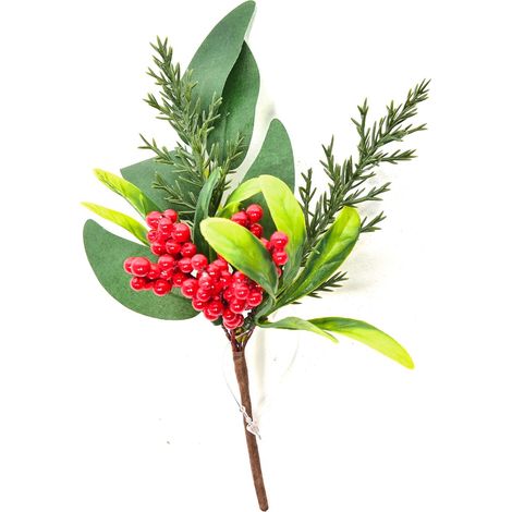 Rametto natalizio con bacche rosse e foglie decorative h 21 cm -Con pigna (1/4)
