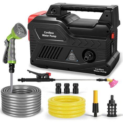Pompe à eau portable auto-amorçante pour 18 V batterie, outil uniquement, pas de batterie, avec tuyau de sortie d'eau de 10 mètres, pistolet à eau haute pression, 9 modes (1/5)